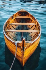 Obraz premium Wooden Rowboat Floating in Still Blue Water