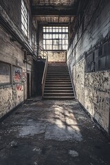 Abandoned Building Interior with Stairwell and Graffiti