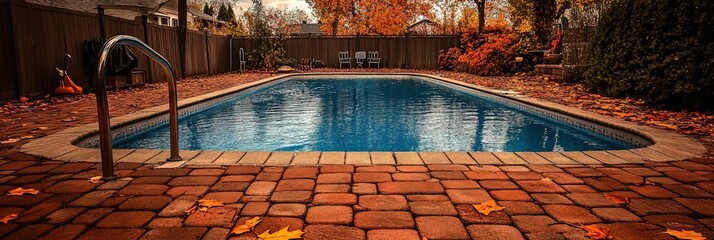 backyard swimming pool, autumn, colorful leaves
