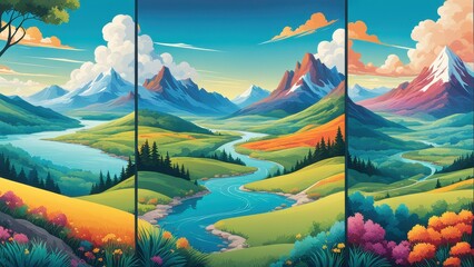 A vibrant triptych landscape featuring mountains, a river, and colorful flora under a bright sky.