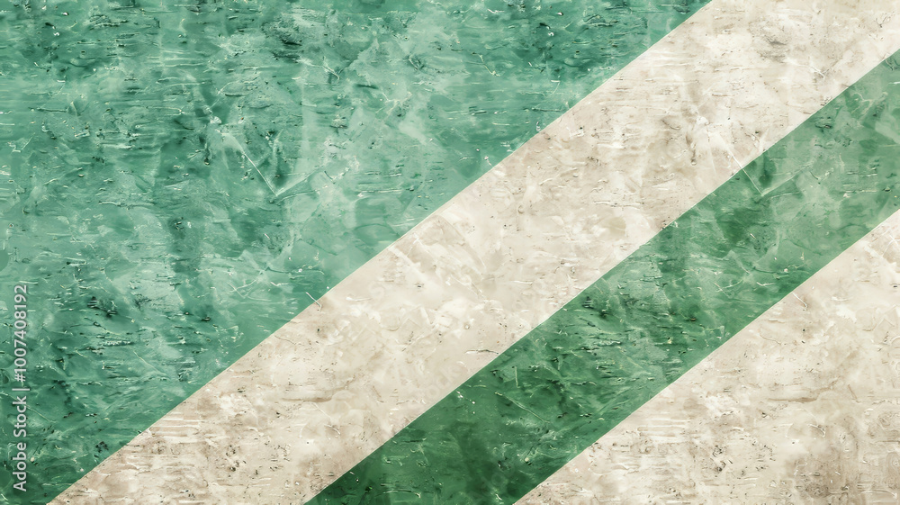 Poster a textured background featuring bold diagonal stripes in green and beige, creating a visually appeal