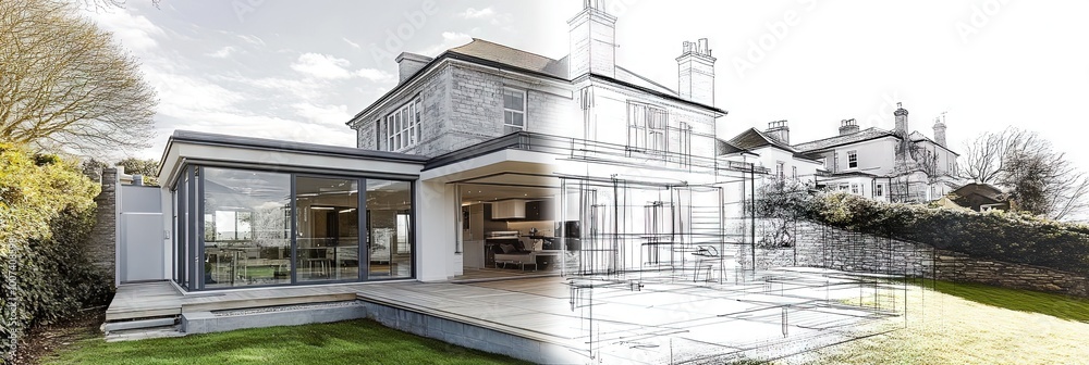 Canvas Prints house overlay with architects freehand sketch of an extension