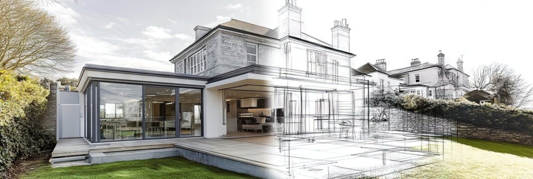 house overlay with architects freehand sketch of an extension