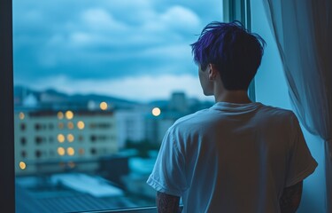 Fototapeta premium An androgyne woman with short violet colored hair is standing next to a window