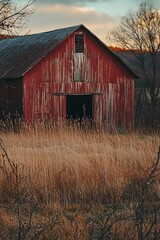 Obraz premium Red barn in field at sunset with golden light