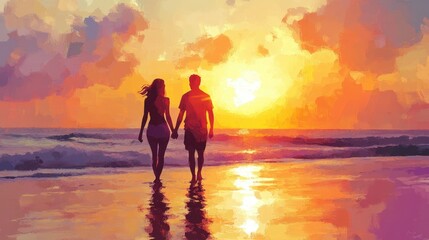 Serene Sunset Romance: Vibrant Painting of Joyful Couple at Luxury Beach Destination