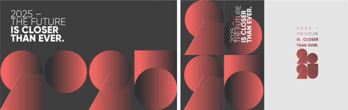 A futuristic 2025 design featuring bold red gradients and geometric shapes, emphasizing innovation. Ideal for banners, cards, and promotional media, with a modern aesthetic.