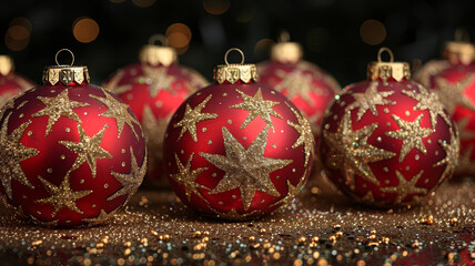 Red Christmas ornaments featuring golden star designs are arranged on a glittering surface, creating a warm holiday atmosphere filled with seasonal cheer and celebration.
