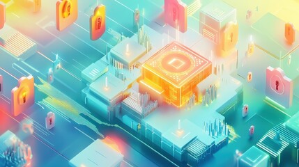 Obraz premium Cybersecurity Fortress: Stylized Blockchain Structure Surrounded by Digital Locks and Shields in a Secure Pastel-toned Environment with Cinematic Lighting
