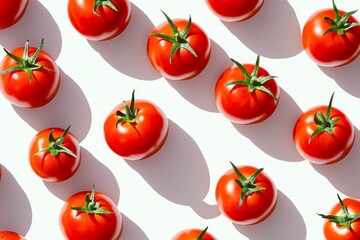 In the sunlight, a pattern of red juicy tomatoes is created on a white backdrop