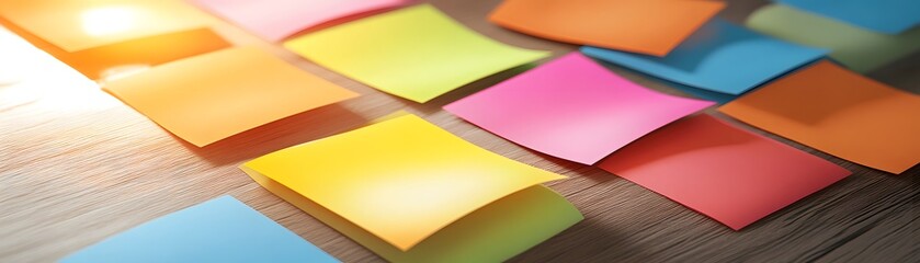 Obraz premium A vibrant assortment of sticky notes scattered on a wooden surface, perfect for organization and creative brainstorming.
