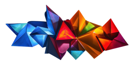 Geometric shapes illuminated by vibrant colors on white background