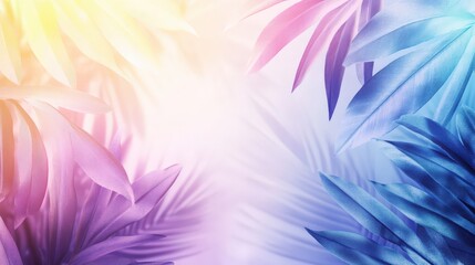 Vibrant Tropical Leaf Summer Background with Glowing Palm Tree Leaves in Blue and Purple Pastel Tones for Festive Messages