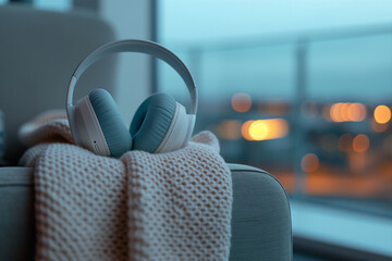 Contemporary wireless headphones on a cozy knitted blanket in a ketamine therapy room overlooking city lights