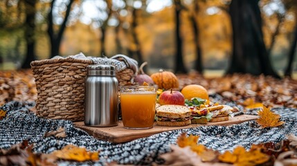 A cozy picnic setup featuring sandwiches, fruit, and juice amidst autumn leaves.