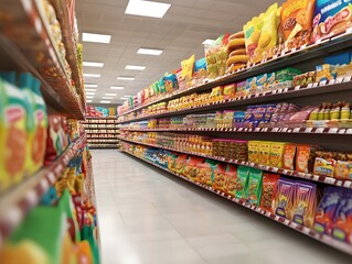 Fototapeta premium A well-stocked grocery aisle filled with colorful snack products and packaged goods, inviting shoppers to explore.