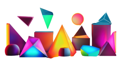 Geometric shapes illuminated by vibrant colors on white background