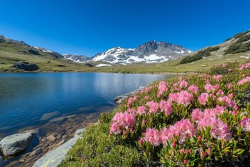 Naklejka premium Lombardy, rhododendrons and blue water of Lake Andossi, Montespluga, Chiavenna Valley, Sondrio province