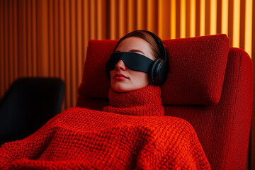 Young woman is relaxing in a red armchair during a ketamine therapy, wearing a sleep mask and headphones