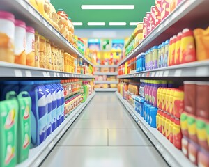 Colorful grocery aisle filled with beverages and snacks. A vibrant view of organized shelves in a supermarket.