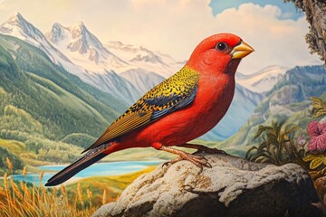 An old male Great rosefinch (Carpodacus rubicilla) on Mount Cheget in the Caucasus region of Russia, June 2008