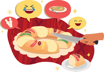 Ilustración rosca de reyes partida con muñeco. Tradición católica México