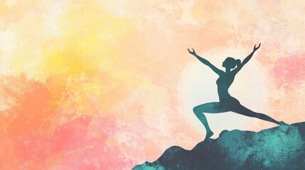 Naklejka premium Serene Sunset Yoga: Woman in Silhouette Meditating with Calmness and Harmony in Soft Pastel Colors for Mindfulness and Relaxation Concept