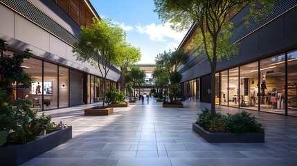 Obraz premium Contemporary shopping mall interior with greenery, natural light, and stylish storefronts creating a welcoming atmosphere.