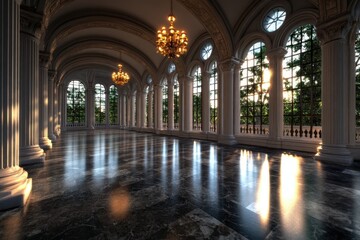Fototapeta premium A luxurious ballroom boasts ornate chandeliers, marble flooring, and large arched windows that bring in natural light, creating an opulent sense of timeless elegance.
