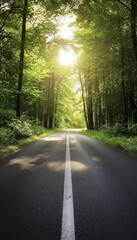 Obraz premium AI generator image of Car travel on the road,Road in foggy forest in rainy day in spring. Beautiful mountain curved roadway, trees with green foliage in fog and overcast sky. Landscape with empty asph