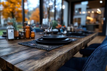 Obraz premium A beautifully set dining table in an autumn setting, with an array of dishes, cutlery, and glasses, creating a warm and intimate dining experience.