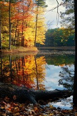 Autumn leaves reflected in a calm lake surrounded by colorful trees