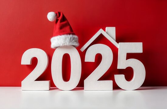 White numbers &ldquo;2025&rdquo; with Santa Claus hat and house roof on top on a red Christmas background. Generated AI