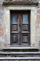 Old wooden double door with glass panels in a weathered stone doorway