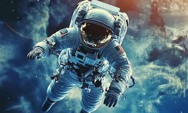 Astronaut Floating in Space with American Flag Patch
