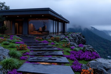 A contemporary mountainside home features panoramic windows providing a sweeping view of misty mountains, surrounded by a vibrant garden with purple flowers.