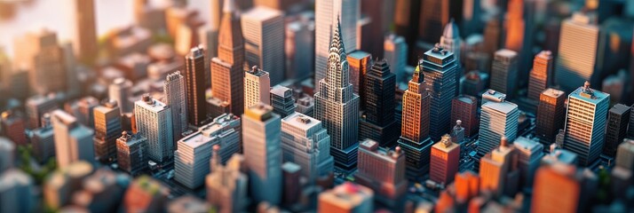 Photorealistic miniature of downtown city, detailed architecture, vibrant colors, under bright sunlight