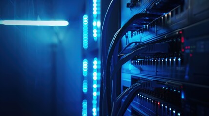 Fiber Optic cables connected to an optic ports in data center, Network cables connected into switches