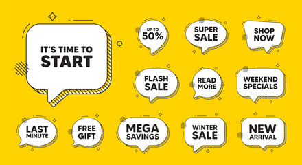Obraz premium Offer speech bubble icons. It is time to start tag. Special offer sign. Advertising discounts symbol. Time to start chat offer. Speech bubble discount banner. Text box balloon. Vector