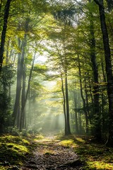 Sunbeams Shining Through Forest Trees, Nature Background