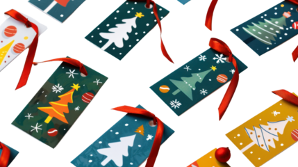 Holiday gift tags with string on white background
