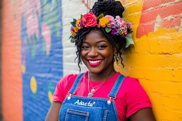 Jumping black woman in front of colorful wall
