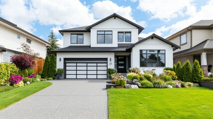 A large white house with a black garage door sits in front of a lush green lawn
