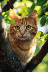 Fototapeta premium Orange tabby cat perched in a tree, looking directly at the camera with curious green eyes.