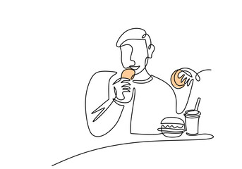 People eating fast food in one line drawing. Minimalist food and drink concept.