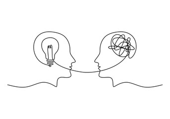 Mental health care in one line drawing. Two heads, light bulb and scribble brain. Vector art.