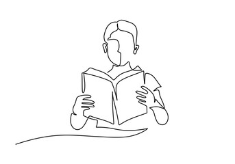 Child reading a book in one line drawing. High school education and literature concept. Vector art.