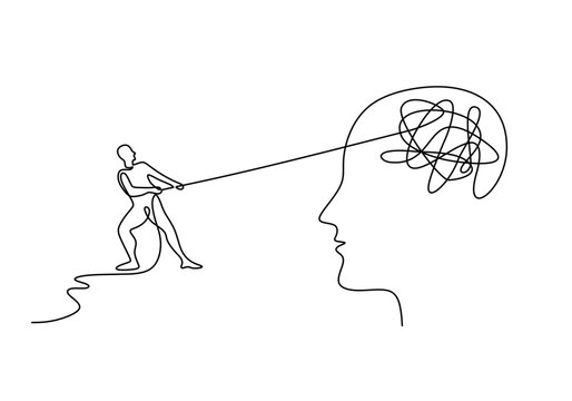 People pulling heads in one line art. Mental health concept. Minimalist vector illustration.