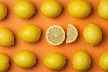 The composition shows fresh ripe lemons against a color background