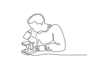 Scientist using microscope in one line drawing. Research and discovery theme. Simple vector art.